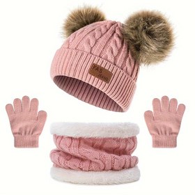Resim 3'lü Kız Çocuk Kışlık Örme Şapka, Eşarp & Eldiven Seti - Kahverengi Ponpon Detaylı Yumuşak Pembe, Hafif Sıcak Kışlık Bebek & Çocuk Kıyafeti, Rahat Kışlık Aksesuarlar 