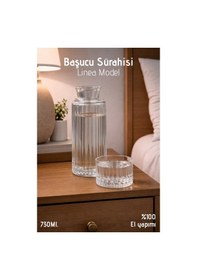 Resim El Yapımı Cam, Linea Modelli Başucu Sürahisi - 730ml. Bardaklı Sürahi 