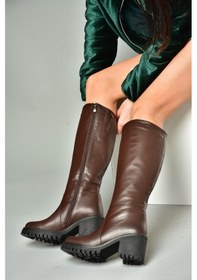 Resim Fox Shoes R654047703 Kahverengi Hakiki Deri Kalın Topuklu Kadın Çizme Kahverengi 