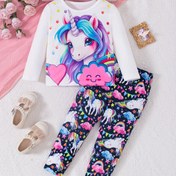 Resim Sevimli Unicorn & Gökkuşağı Kızlar Uzun Kollu Üst ve Pantolon Takımı - Yumuşak Polyester Karışımı, Makinede Yıkanabilir, İlkbahar/Sonbahar için Mükemmel, Kızlar için Unicorn Eşyaları, Dış Mekanlar için Mükemmel 