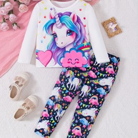 Resim Sevimli Unicorn & Gökkuşağı Kızlar Uzun Kollu Üst ve Pantolon Takımı - Yumuşak Polyester Karışımı, Makinede Yıkanabilir, İlkbahar/Sonbahar için Mükemmel, Kızlar için Unicorn Eşyaları, Dış Mekanlar için Mükemmel 