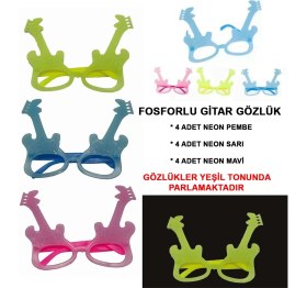 Resim Fosforlu Gitar Model Glow Parti Gözlüğü Karanlıkta Yanan Gözlükler 12 Adet 