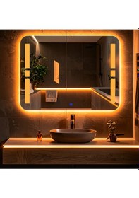Resim Selyn Amber Led'li Lazer Kumlamalı Lavabo & Banyo Aynası Dokunmatik Sensörlü 100 X 75 Cm Turuncu 