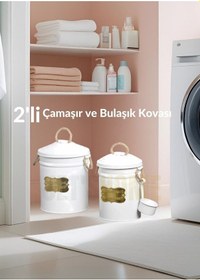 Resim 2'li Set Deterjan Kovası Çamaşır Bulaşık Kutusu Ölçekli Galvaniz Metal Beyaz Beyaz 