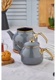 Resim Emaye Özel Tasarım Yapışmaz Yüzey Büyük Boy Demlik Seti Emaye Çaydanlık Üst 1.4 L Alt 2.6 L Gri 