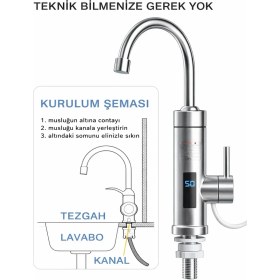 Resim 3300W Hızlı Elektirikli Ani Su Isıtıcı Termal Şofben Musluk Batarya Dijital Göstergeli Mutfak 