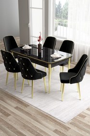 Resim Canisa Tia Serisi 80x132 Açılabilir Siyah Mermer Desen Gold Detay Masa Takımı Ve 6 Siyah Sandalye 