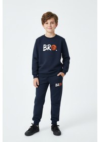 Resim Fyk Kids 3 İplik Kalın Yuvarlak Yaka Baskı Detaylı Kışlık 4 Parça Erkek Çocuk Eşofman Takımı Lacivert-siyah 