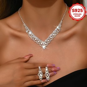 Resim S925 Gümüş Kolye ve Kulaklık Seti - Sentetik Zirkon Taş İçeren, Basit Şık Çekici Tarzı; Davet, Dügün Takısı, Akışkan Tasarım , Yapay Kaplamalı Dayan Klavye 