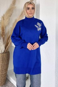 Resim Gülseli Taş İşlemeli Tesettür Triko Tunik Saksmavisi TZL-P-00020359 