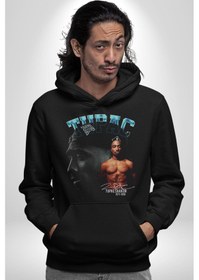 Resim Tupac Müzik Kadın Erkek Siyah Kapüşonlu Sweatshirt Hoodie Siyah 