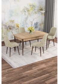 Resim Mona Meşe 80x132 Açılabilir Mdf Masa Yemek Odası Takımı, Mutfak Takımı 4 Adet Sandalye Meşe Masa - 4 Bej - Ceviz Ayak 