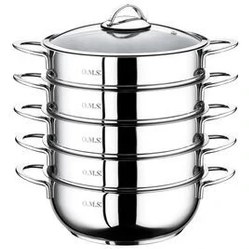 Resim Oms Collection 6090-C - 6 Parça Paslanmaz Çelik, Cam Kapaklı 32x10 Cm - 7 Litre Buharlı Pişirici, Mantı Tenceresi 