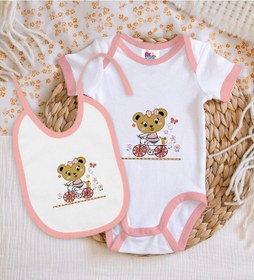 Resim Bk Kids Sevimli Ayıcık Tasarımlı Pembe Bebek Body Zıbın Ve Mama Önlüğü Hediye Seti-2 Çok Renkli 