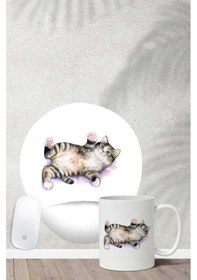 Resim Tekir Kedi Desenli Bilek Destekli Mouse Pad Kupa Seti Mousepad 