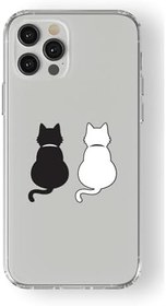 Resim Iphone 13 Pro Max ile Uyumlu Siyah Beyaz Kedi Tasarım Baskılı Şeffaf Kılıf 