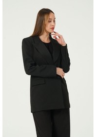 Resim Siyah Regular Astarlı Kruvaze Kapama Dokuma Blazer Ceket 001 