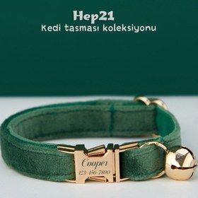 Resim Cat collar with bow tie Velvet cat collar with bell 649724 - Avocado Leash + Bow Tie / L 