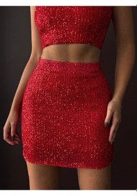 Resim Topshow Payetli Mini Etek Şık Gece Ve Parti Modası Kırmızı Kırmızı 
