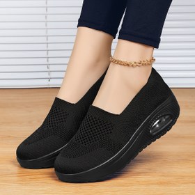 Resim Kadınların Moda Siyah Platform Sneaker'ları Hava Yastığı ile - Nefes Alabilen Kumaş, Orta Topuk, Tüm Mevsim Konfor Ayakkabıları, Rahat Ayakkabılar|Nefes Alabilen Sneaker'lar|Kumaş Üst Sneaker'lar 