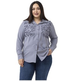 Resim Büyük Beden Kabartmalı Kumaş Detaylı Gri Gömlek Gri 