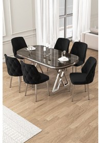 Resim Canisa Afe Serisi 90x168 Lak Panel Antrasit Ironi Krom Ayak Masa Takımı 6 Siyah Sandalye Siyah Mermer Desen Masa Sandalyeler Siyah 