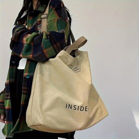 Resim Büyük Kapasiteli Tuval Tote Çantası, Harf Deseni, Moda Seyahat Çantası, Minimalist, Büyük Kapasiteli, Harf Baskılı, Tuval, Taşınabilir, Tokalı Kapanışlı, Dikişsiz, İş, İşe Gitme, Tatil, Dört Mevsim için 