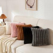 Resim Çağdaş Çizgili Suni Kürk Yastık Kılıfları, 2'li Set, Kanepe Koltuk İçin Yumuşak Tüylü Dekoratif Fermuarlı Minder Kılıfları, Makinede Yıkanabilir, Polyester Örgü Kumaş - Çeşitli Oda Türleri 