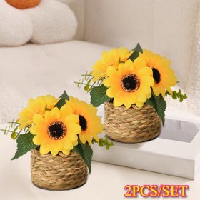 Resim 2 adet Set Yapay Güneş Çiçekleri Örgü Sepetlerde - Sarı ve Yeşil, Plastik, Pil Gerektirmez, Masaüstü, Açık Hava Toplantıları, Doğum Günleri, Düğünler ve Tatil Süsleri için Mükemmel, Festivite Ev Dekoru | Canlı Güneş Çiçeği Düzeni | Yapay Bitki Dekoru, Güneş Çiçeği Dekoru 