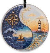 Resim 30 Cm Çap - Deniz Feneri, Pusula, Tekne Füzyon Cam Duvar Süsü 
