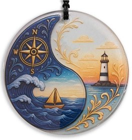 Resim 30 Cm Çap - Deniz Feneri, Pusula, Tekne Füzyon Cam Duvar Süsü 