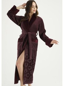 Resim Uzun Şalyaka Jakarlı Pamuk Bayan Bornozu Mürdüm 