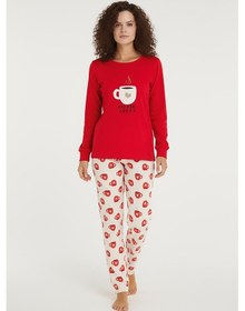 Resim Luxury Thermal Coffee Lover Kadın Kışlık Uzun Kollu Polar Pijama Takımı 42048 Kırmızı 