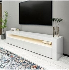 Resim Batı LED Işıklı 2 Kapaklı TV Sehpası - 150 cm - Minimal Tasarım, Parlak Beyaz 