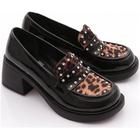 Resim Dgn 2101 Yüksek Taban Taş Detayli Loafer Kadin Ayakkabi Siyah Rugan Leopar 