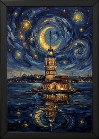 Resim Maiden Tower Istanbul Crescent Moon Print - Van Gogh-Style Bosphorus Wall Art - Wooden Frame - White / 20 x 28" (50x70 cm) 