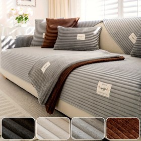 Resim 1 adet Gülümseme Şerit Etiketli Modern Düz Renkli Flanel Kanepe Minderi, Sonbahar ve Kış Sıcak Kısa Peluş Kaymaz Kanepe Koruyucu Kılıf, Evcil Hayvan Dostu Kalın Peluş Kanepe Mobilya Koruyucu Oturma Odası, Ofis, Ev Dekorasyonu, Makinede Yıkanabilir, Polyester, Tekli, Çiftli, Üçlü ve Modüler Kanepelere Uyar 