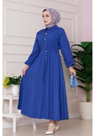Resim Sevitli Beli Lastik Detaylı Yasemin Elbise-saks Mavi-4816 Saks Mavi 