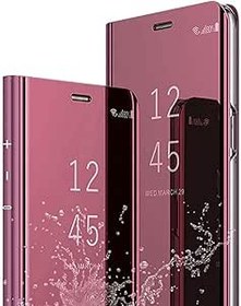 Resim Samsung Galaxy S7 Edge ile uyumlu cep telefonu kılıfı, ince sert PC PU deri ayna Clear View Flip Case darbeye dayanıklı koruyucu kılıf, stant fonksiyonlu Galaxy S7 Edge için, pembe altın 