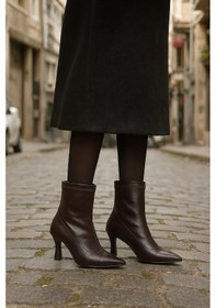 Resim Sivri Burun Şık Çorap Streç Günlük Kadeh Topuk Bot Yarım Çizme Kahverengi 