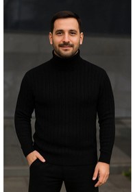 Resim Erkek Balıkcı Yaka Bağazlı Triko Kazak Pamuklu Kalın Fitilli Dokuma, Regular Fit Uzun Kollu Kışlık Model - Siyah Çok Renkli 