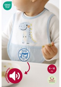 Resim Düdüklü Cepli Sıvama Mama Önlüğü - Smiling Dino Mavi Bebek Önlüğü Açık Mavi 