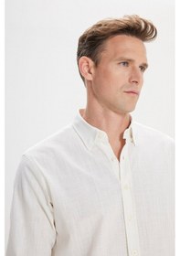 Resim AC&Co / Altınyıldız Classics Erkek Ekru Comfort Fit Rahat Kesim Gizli Düğme Yaka %100 Pamuk Flamlı Gömlek Ekru 