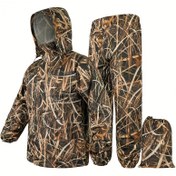 Resim 1 set Dış Geyik Çimi Yağmurluk ve Pantolon Seti, Su Geçirmez 210T Polyester Plaid PU Kaplı Kamuflaj Yağmurluk Takımı, Yürüyüş Balıkçılık Kayak için Uygun, Unisex 