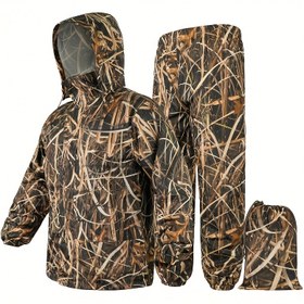 Resim 1 set Dış Geyik Çimi Yağmurluk ve Pantolon Seti, Su Geçirmez 210T Polyester Plaid PU Kaplı Kamuflaj Yağmurluk Takımı, Yürüyüş Balıkçılık Kayak için Uygun, Unisex 