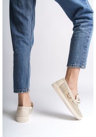 Resim Layla Bağcıksız Ortopedik Rahat Taban Çiçek Desenli Kadın Babet Ayakkabı Ckt - Krem Krem 