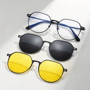 Resim Yeni 3’ü 1 arada manyetik gözlük seti, yuvarlak çerçeve metal çerçeve, mavi ışık önleyici camlar + TAC lensler + gece görüş lensleri dahil, unisex, günlük kullanım için uygun, şık gözlükler, gece görüş gözlükleri, mavi ışık önleyici gözlükler, çok fonksiyonlu 