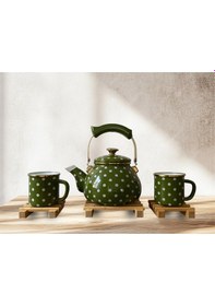 Resim Morponi Retro Emaye Çaydanlık Ve Kupa Takımı 6 Parça Puantiyeli Set Yeşil Yeşil 
