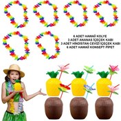 Resim Tropikal Hawaii Parti Malzemeleri – Kolye, Pipet, Bardak Seti 