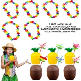 Resim Tropikal Hawaii Parti Malzemeleri – Kolye, Pipet, Bardak Seti 